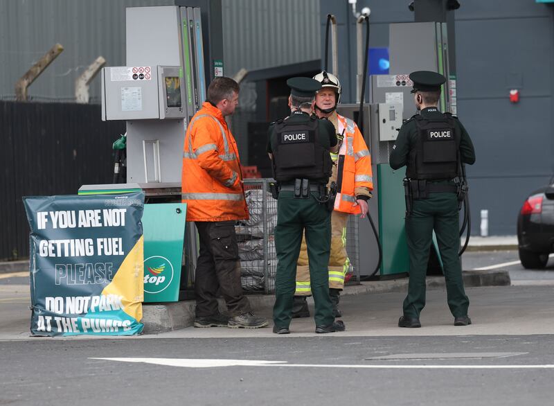 Police and the NIFRS at the Scene due to a fire at a filling station in the area. Diversions are in place at Boucher Road and Glenmachan Place. 
PICTURE COLM LENAGHAN