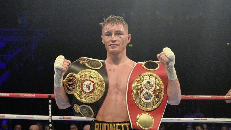 Ryan Burnett celebrates after beating Zhanat Zhakiyanov to become two-time world champion at the SSE Arena in Belfast last month 
