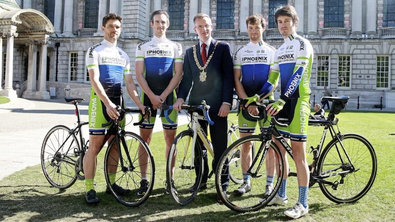 Belfast lord mayor Brian Kingston lines up with Phoenix cycling team members Christian Nachtigall, Ciaran McVeigh, Craig Rea and Jody Wright as they prepare to represent Antrim in the Ras Tailteann which runs May 21 to 28. Picture by Bill Smyth 