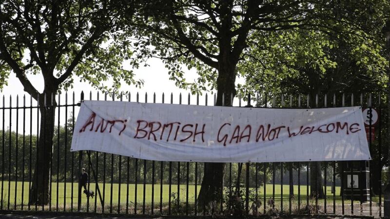 An anti-GAA banner which was diplayed at the weekend at Grove playing fields in north Belfast 