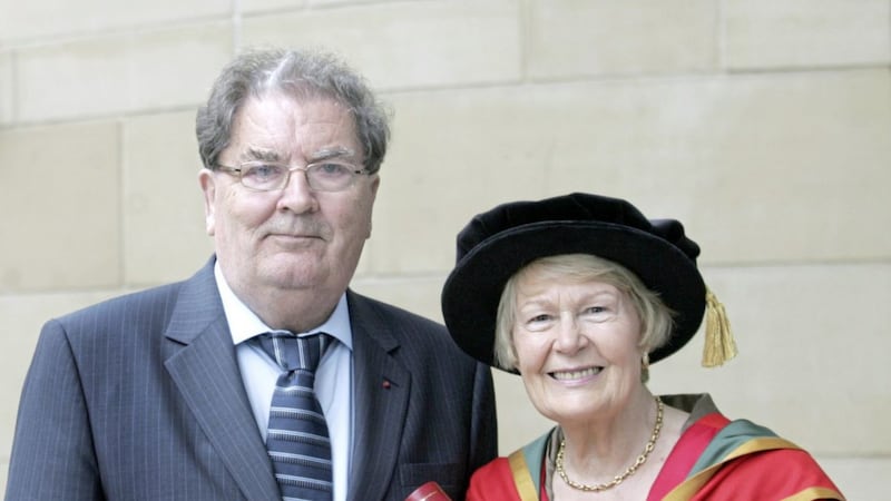 Pat Hume with husband John after she was awarded an honorary degree by the University of Ulster in 2010. Picture Margaret McLaughlin 
