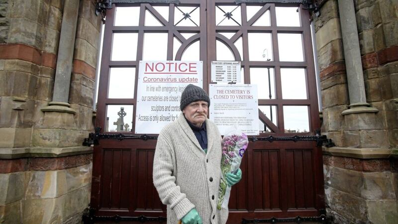 Jim McCabe was unable to drive into Milltown Cemetery to visit his wife&#39;s grave as the main gate remained locked causing people to queue. Pic: Mal McCann 