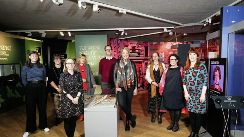 Pictured at the launch of the Bad Bridget exhibibition at the Ulster American Folk Park are Fiona McDonnell, Tasha Marks, Victoria Millar, Jan Carson, Andrew McDowell, Kathryn Thomson, Franziska Schroeder, Dr Leanne McCormick and Dr Elaine Farrell. Picture by Darren Kidd/Press Eye 