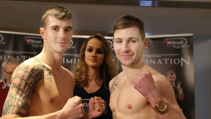 Boxers James Fryers and Maxi Hughes pictured yesterday ahead of their fight tonight in te Europa Hotel in Belfast Picture by Hugh Russell. 