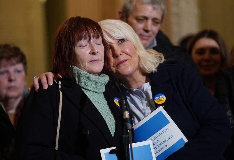 Kate Walmsley, left, and Margaret McGuckin, of the Savia lobby group, at Stormont following the official public apology