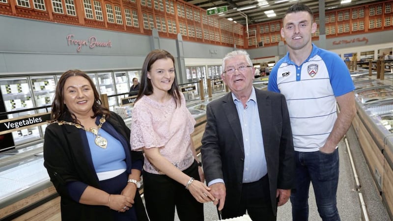 Pictured at the Musgrave Marketplace Pennyburn are: Mayor of Derry City and Strabane District Council, Michaela Boyle; Emir Sheppard, branch general manager, Musgrave Marketplace, Pennyburn; Local Mace retailer and Musgrave Marketplace customer, Phil Grant; and Coleraine striker and former Derry GAA star, Eoin Bradley. 