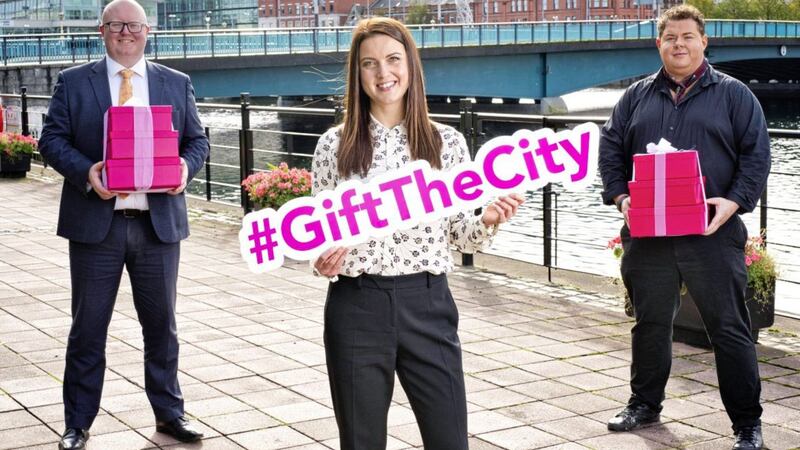Jonathan Topping from Clayton Hotel, Belfast; Jennifer Lemon from Jigsaw, Arthur Street, Belfast; and Paddy McGurgan from tMake-up Pro Store, Royal Avenue, who are participating in the Belfast City Centre Gift Card. 