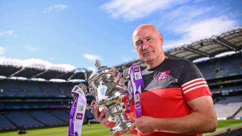Down veteran Conor Deegan with the Tailteann Cup at Croke Park ahead of Saturday's final PICTURE: Sportsfile 