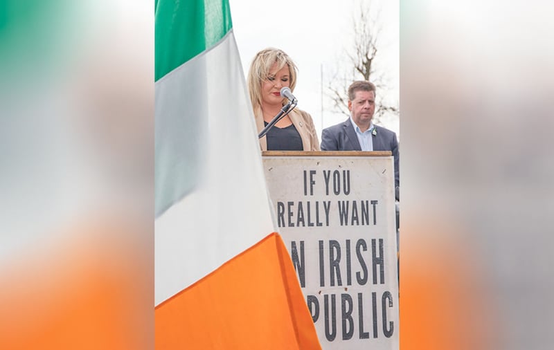 Sinn F&eacute;in deputy leader Michelle O'Neill speaking at an Easter Rising commemoration in Derry