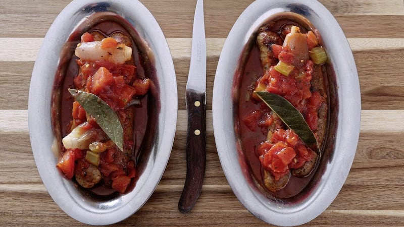 Niall McKenna&#39;s sausages with tomato and bay leaf 