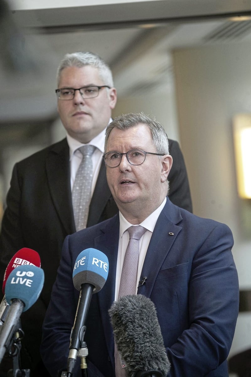 Jeffrey Donaldson, DUP talks to the press yesterday after meeting with Taoiseach Miche&Atilde;�&Acirc;&iexcl;l Martin, TD, Picture by Hugh Russell. 