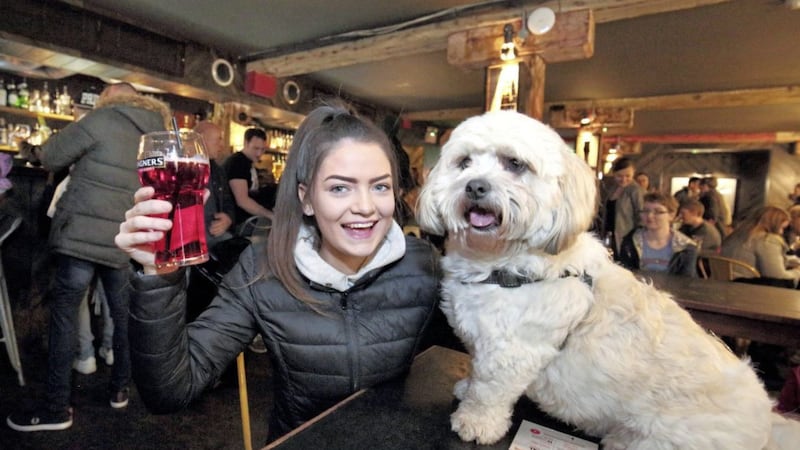 Megan Roberts, from Glengormley, brought her dog Alfie to the dog-friendly day at the Dirty Onion pub in Belfast&#39;s Cathedral Quarter. Picture by Cliff Donaldson 