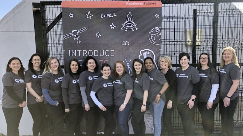 Some of the female workforce, including engineering managers, quality managers and a logistics director, who introduced the girls to engineering to the female students from Kilkeel, Newcastle and Newry in an effort to inspire them to pursue STEM fields.. Karen Higgins is second from left 