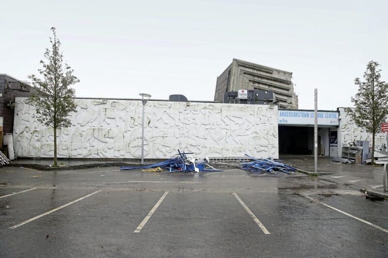 The iconic wall of the Andersonstown Leisure Centre in west Belfast is thought to be retained and used else where as demolition begins to make way for a new leisure facility. Picture Mal McCann