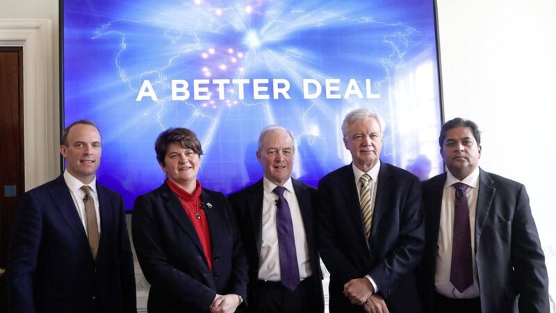 Arlene Foster with former Brexit secretaries Dominic Raab, left and David Davis, second right, Eurosceptic Tory ex-minister Lord Lilley and pro-Brexit lawyer Shanker Singham in London last week. Picture by Steve Parsons/PA 