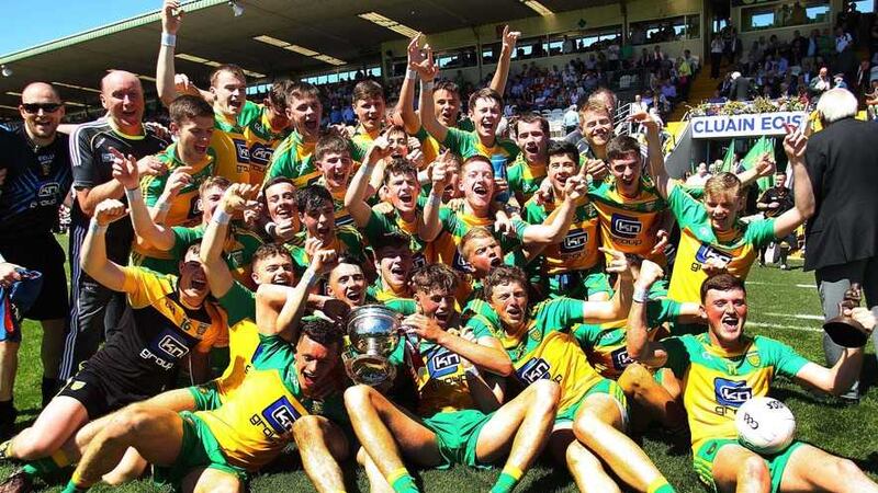 &nbsp;Donegal celebrate their Ulster MFC final victory over Derry at Clones on Sunday<br />Picture by Seamus Loughran &nbsp;