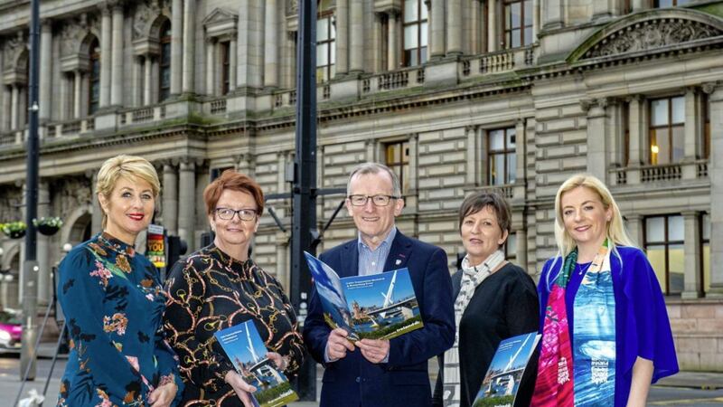 Tourism Ireland chief executive Niall Gibbons (centre), with (L-R) Karen Henderson, Visit Derry; Ghilian Campbell, Visit Armagh; Ann McDonald, Glenton Holidays and Aoife Fee, Tourism NI, at the Scottish launch of the new Northern Ireland&rsquo;s brand, Embrace A Giant Spirit, in Glasgow 