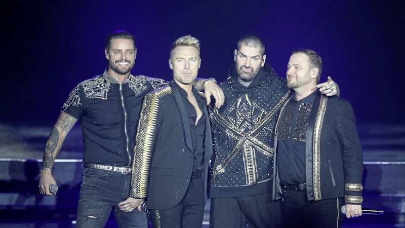 Keith Duffy, Ronan Keating, Shane Lynch and Mikey Graham of Boyzone on stage at the SSE Arena, Belfast, as part of the band&#39;s Thank You and Goodnight farewell tour. Picture by Niall Carson/PA Wire 