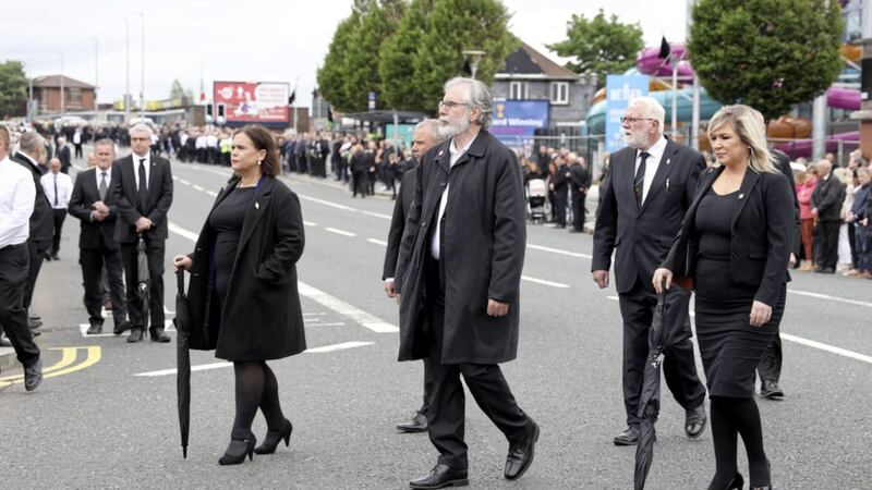 Sinn Fein president Mary Lou McDonald, former leader Gerry Adams and Deputy First Minister Michelle O&#39;Neill at the funeral of Bobby Storey. Picture by Pacemaker Press 