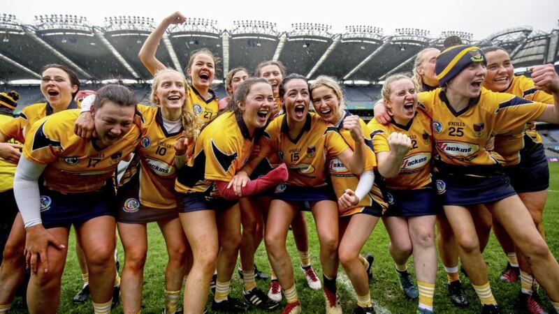 Clonduff camogs celebrate their AIB All-Ireland Intermediate Camogie Club Championship Final voctory at Croke Park last weekend. Picture by INPHO/Oisin Keniry 