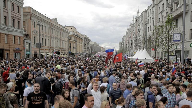 Protesters attend a demonstration in downtown Moscow, on Monday. Picture by Pavel Golovkin, Associated Press 