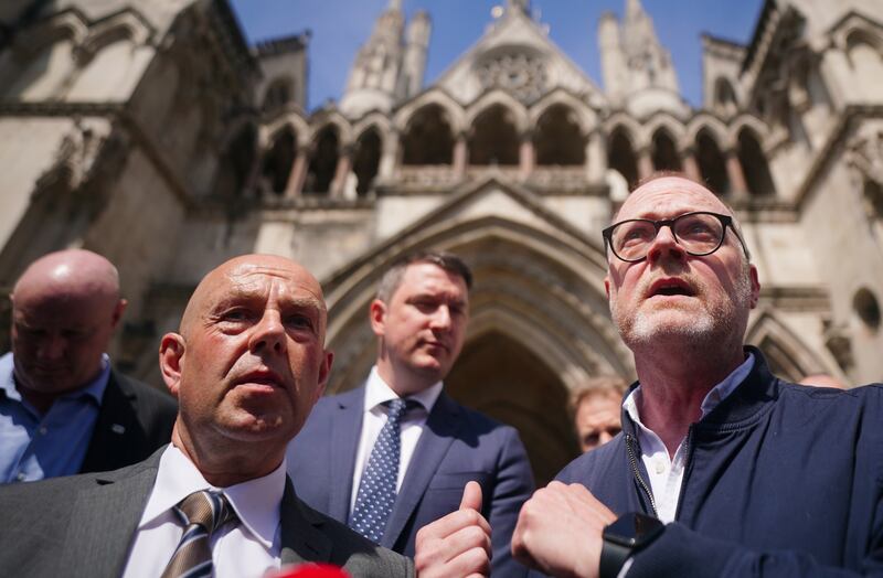 Journalists Barry McCaffrey (left) and Trevor Birney (right) speaking to media after leaving the Royal Courts of Justice in London following an Investigatory Powers Tribunal hearing