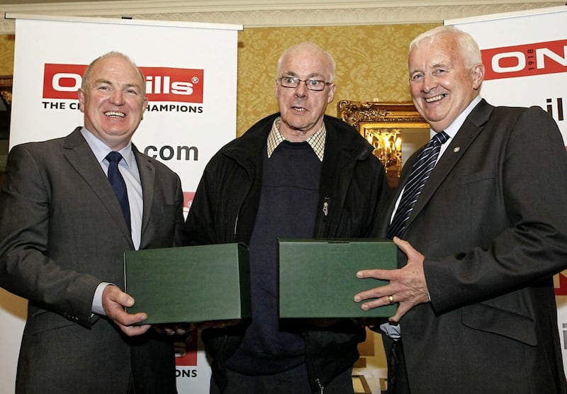Hugo Clerkin (left) pictured with former Tyrone manager Art McRory and ex-Armagh star Jimmy Smyth at an Ulster Vocational Schools awards event 