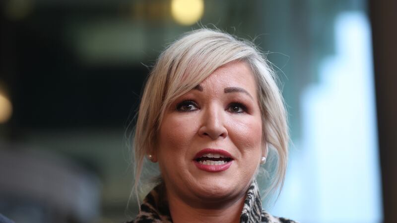 Sinn Fein’s Michelle O’Neill speaks to the media outside Grand Central Hotel in Belfast after a meeting with the Tanaiste.
PICTURE: COLM LENAGHAN