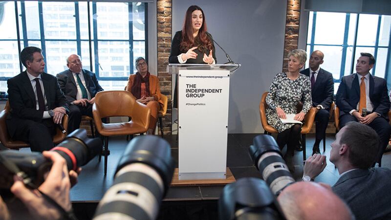 Labour MPs (left to right) Chris Leslie, Mike Gapes, Ann Coffey, Luciana Berger, Angela Smith, Chuka Umunna and Gavin Shuker announce their resignations during a press conference at County Hall in Westminster, to create a new Independent Group in the House of Commons&nbsp;