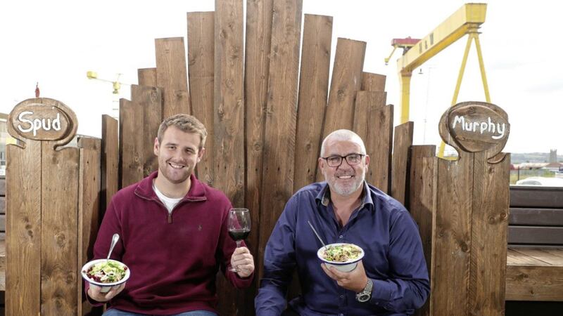 Spud Murphy&#39;s operations manager Glen Stewart (left) and adventure provider boss Gareth Murphy raise a toast to the arrival of its liquor licence 
