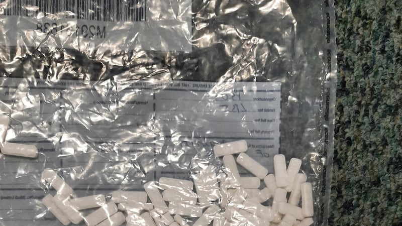 Pills recovered by police following an arrest in Belfast on Monday. Picture: PSNI