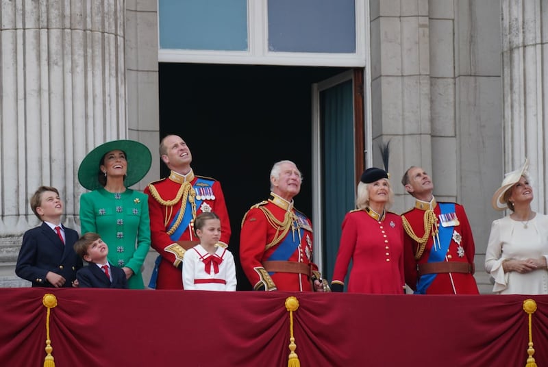 The royal family watch the flypast from the balcony of Buckingham Palace