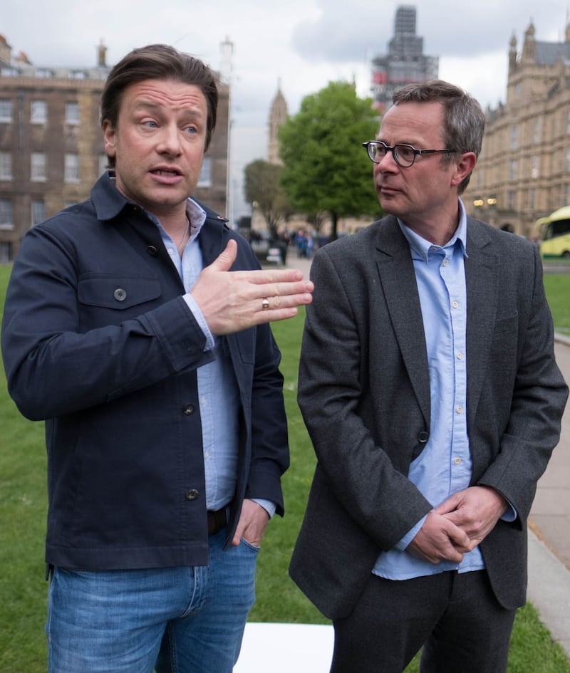 Jamie Oliver (left) and Hugh Fearnley-Whittingstall after giving evidence to MPs about child obesity.