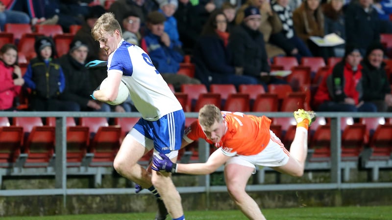 Monaghan's Aaron Lynch leaves Armagh's Jack Rafferty trailing in his wake during Wednesday's Ulster U21 semi-final at Pairc Esler&nbsp;&nbsp;<br />Picture by Declan Roughan