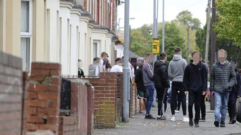 Crowds of young people in the Holylands area of south Belfast yesterday