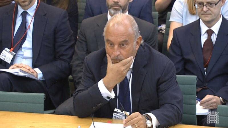 Sir Philip Green gives evidence to the Business, Innovation and Skills Committee and Work and Pensions Committee in London earlier this year 