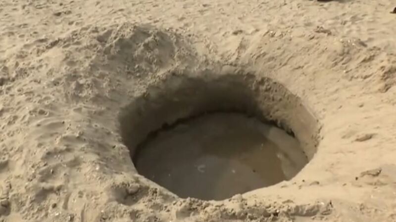 The 'mysterious' hole at Portmarnock Beach in Co Dublin. Picture: Virgin Media News/X