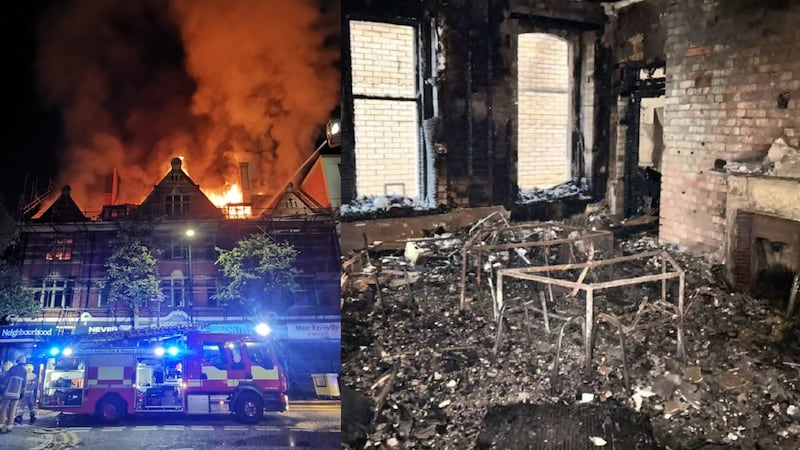 The early morning blaze at the Old Cathedral Building on October 3 2022 (left) and the damage caused to one of the interior offices (right).