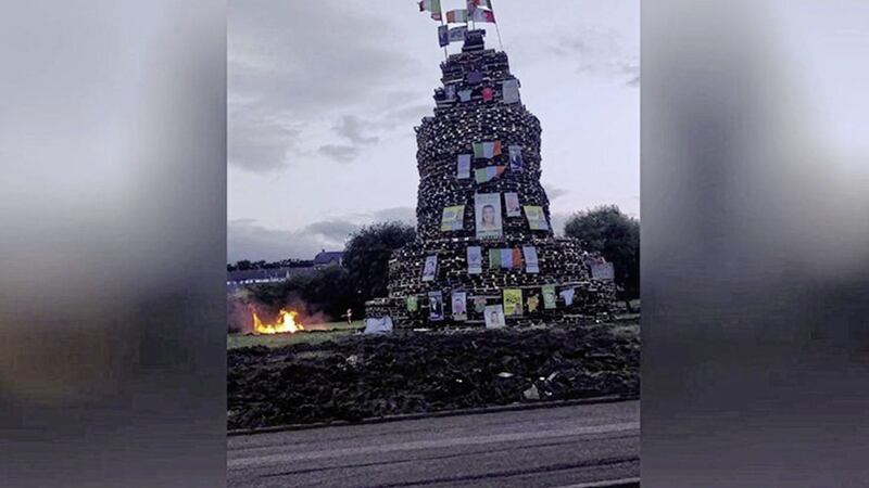 Tricolours, elections posters and GAA flags were flown from a loyalist bonfire in the Leckagh estate in Magherafelt, Co Derry earlier this month 