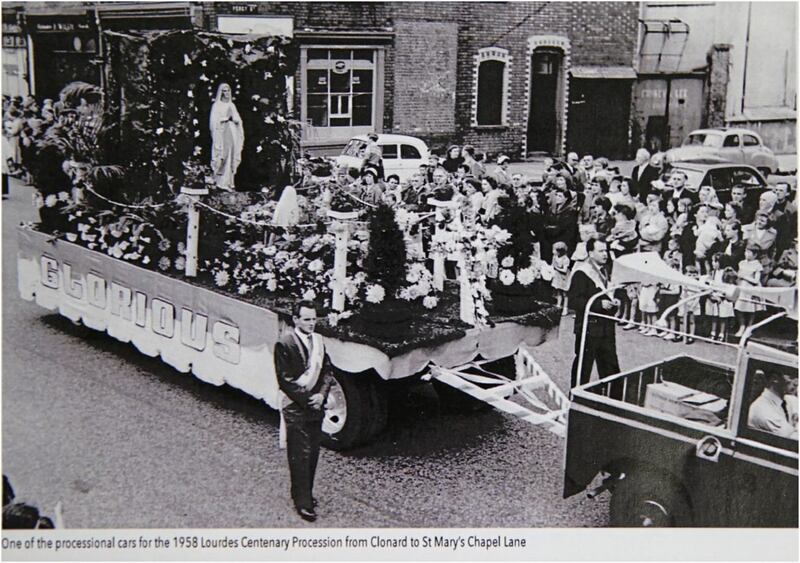 One of the professional cars for the 1958 Lourdes Centenary procession from Clonard to St Mary&#39;s Church in Chapel Lane 