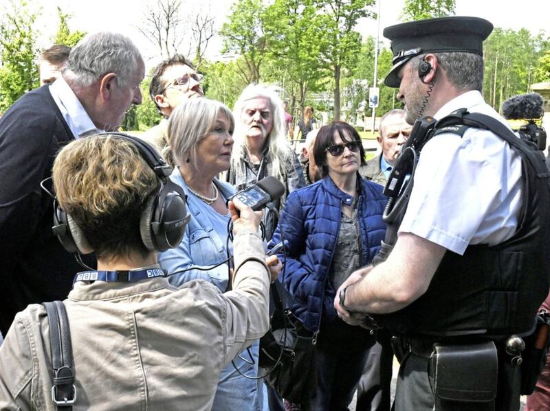 Alan Lewis- PhotopressBelfast.co.uk       21-5-2019.SAVIA supporters wait outside Castlecoole for the Royals to arrive..Shadow Northern Ireland Secretary of State Stephen Pound MP left the Royal Garden Party to pledge to help victims of Historical Institutional Abuse Survivors Group SAVIA in their quest for redress as they protest outside this afternoon&#39;s Royal Garden Party at Castlecoole in Enniskillen, County Fermanagh. He broke off from the Garden Party to promise them that he will be bringing the matter up in parliament next week to ensure the necessary legislation is enacted..The event was being attended by NI Sec of State Karen Bradley whom SAVIA have branded &quot;Heartless&quot; after her stalling of efforts by local politicians to enact legislation to facilitate the payments to survivors that were recommended two years ago by a public inquiry report.. 
