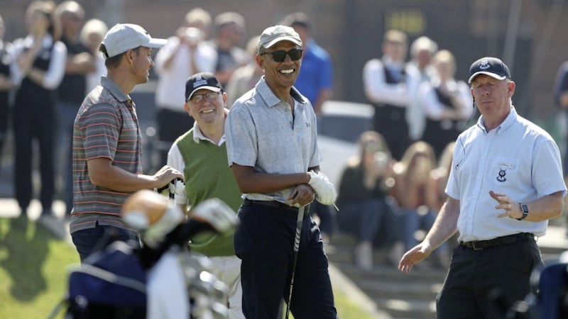 Former US president Barack Obama prepares to tee off at the first hole at St Andrews Golf Club, near Dundee in Scotland PICTURE: Andrew Milligan/PA 
