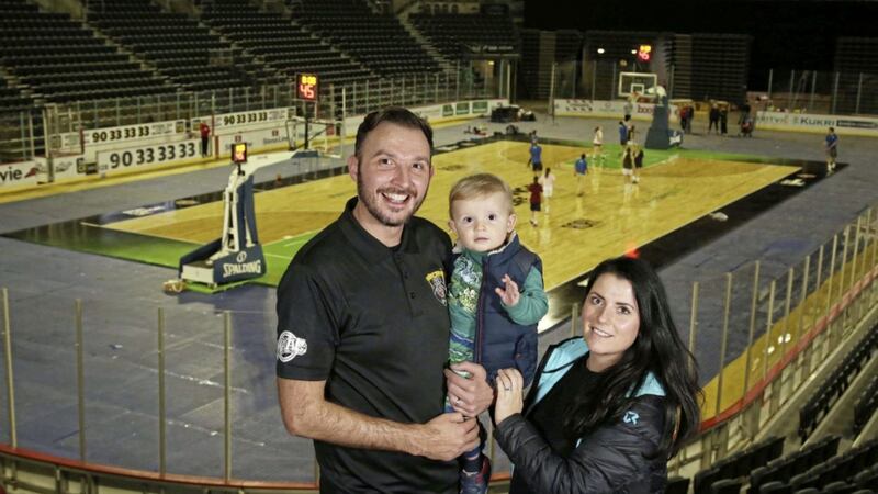 Marc Mulholland, executive director of the Basketball Hall of Fame Belfast Classic with his wife Maria and son Luca Picture: Presseye/Darren Kidd 
