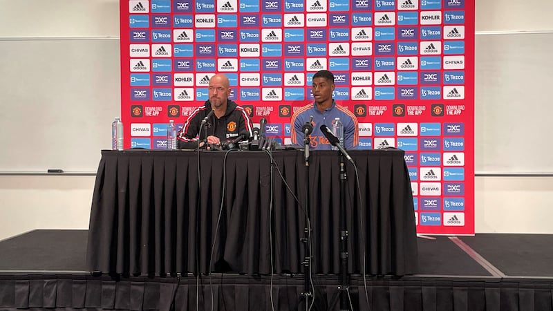 Manchester United manager Erik ten Hag and Marcus Rashford during a press conference at AAMI Park     Picture: PA