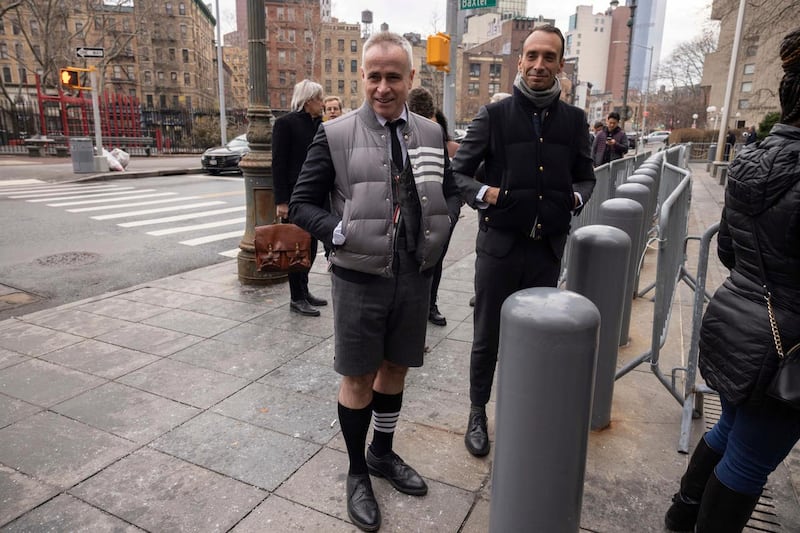 Fashion designer Thom Browne waits outside Manhattan Federal Court in New York 