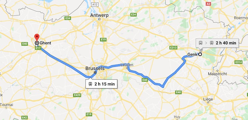 Genk and Ghent are a little over two hours apart by train (Google Maps)
