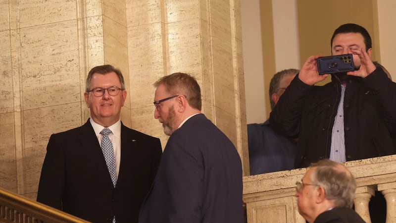 DUP Leader Jeffrey Donaldson and UUP Leader Doug Beattie  , as Northern Ireland's devolved government is restored, Two years to the day since it collapsed. PICTURE:  COLM LENAGHAN