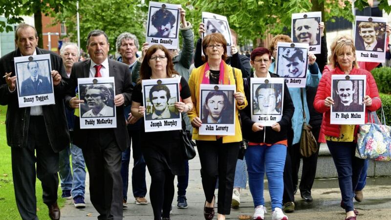 Relatives of those shot dead in the Ballymurphy area of west Belfast during the weekend of internment in August 1971, attending the inquests into the deaths at Belfast Coroners Court today. 