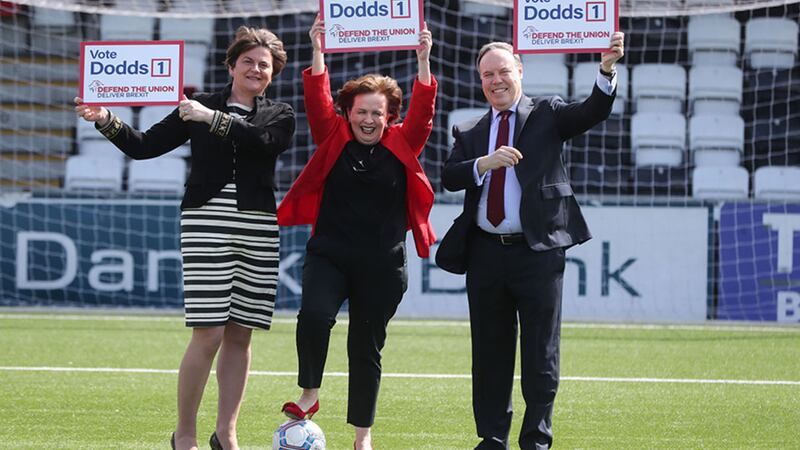 (left to right) DUP leader Arlene Foster, Euopean election candidate Diane Dodds and deputy leader Nigel Dodds at the launch of the DUP manifesto for the European election at Crusaders football club in Belfast&nbsp;