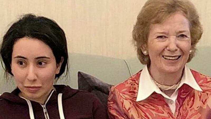 Mary Robinson (right) with Sheikha Latifa, daughter of Dubai&#39;s ruler  